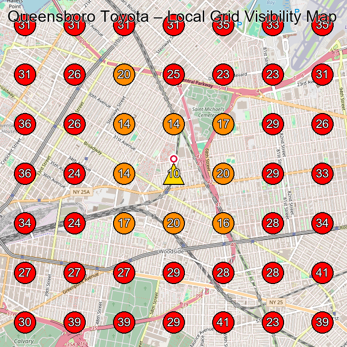 Queensboro Toyota GeoGrid visibility map for Nissan Dealer in Jackson Heights
